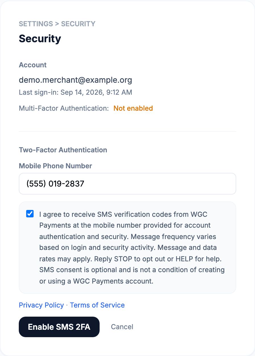 The same WGC Payments SMS two-factor authentication enrollment form after the user has affirmatively checked the SMS consent checkbox, which enables the Enable SMS 2FA button